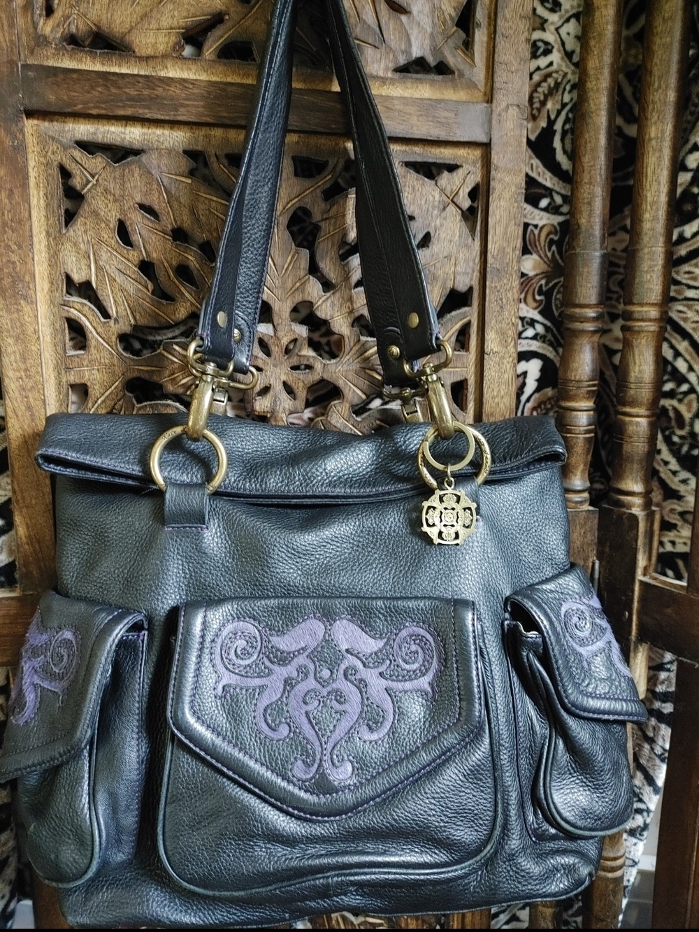 Kate Landry Black Leather Fold-Top Tote Bag with Embroidered Front Pocket